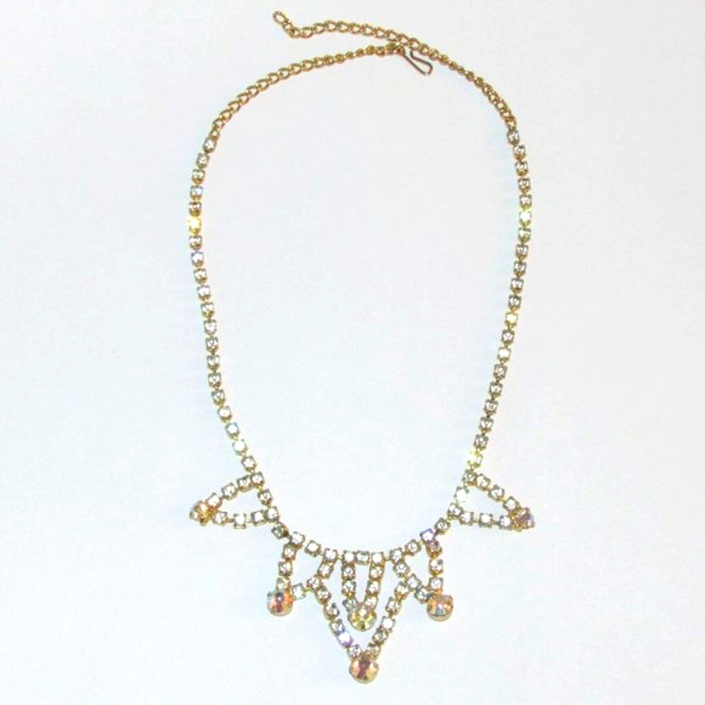 Vintage Necklace Sparkly Rhinestone Gold Tone Prong Set Adjustable Wedding Prom